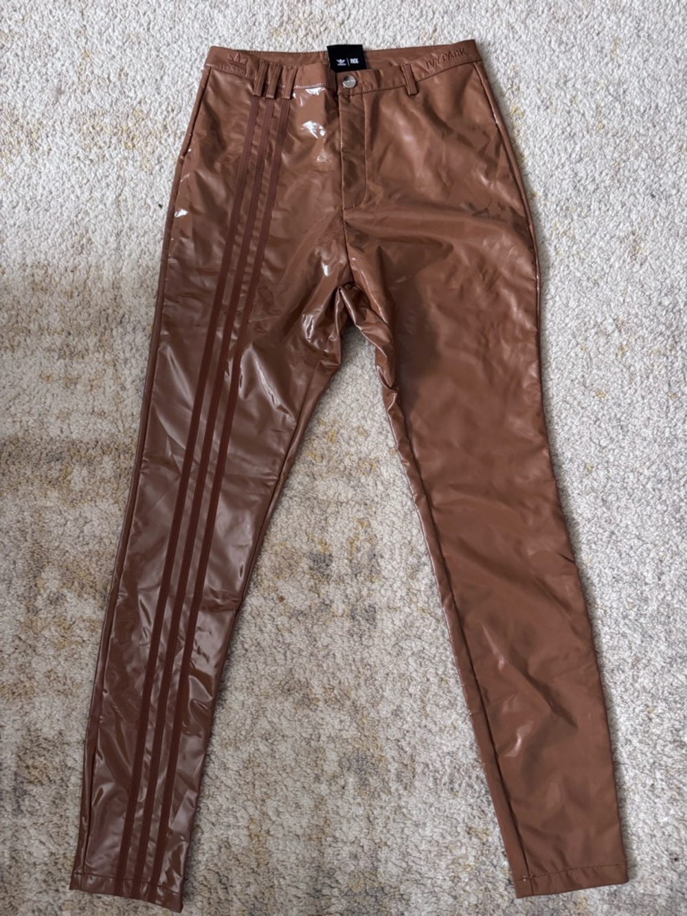 adidas Brown Shiny Faux-Leather Leggings with 3-Stripes